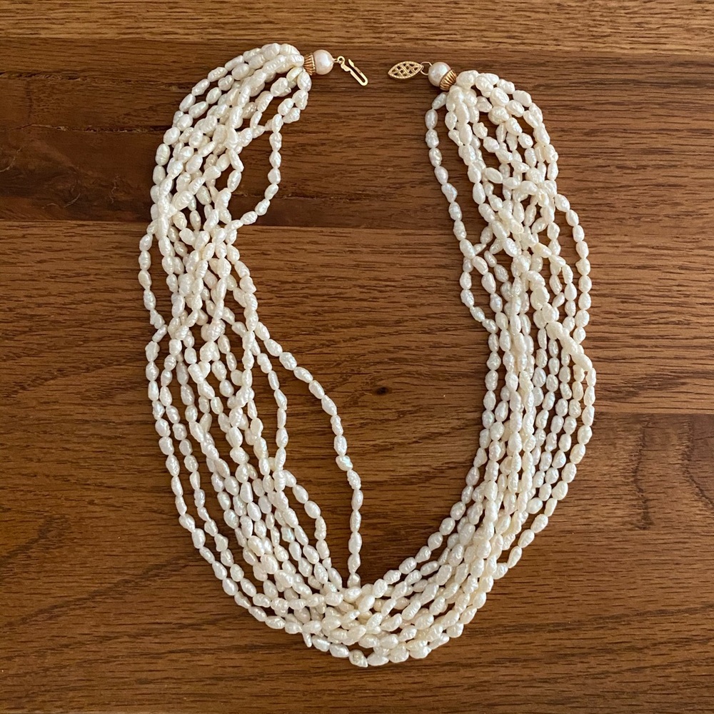 14K Clasp 10 strand Rice Pearl Necklace